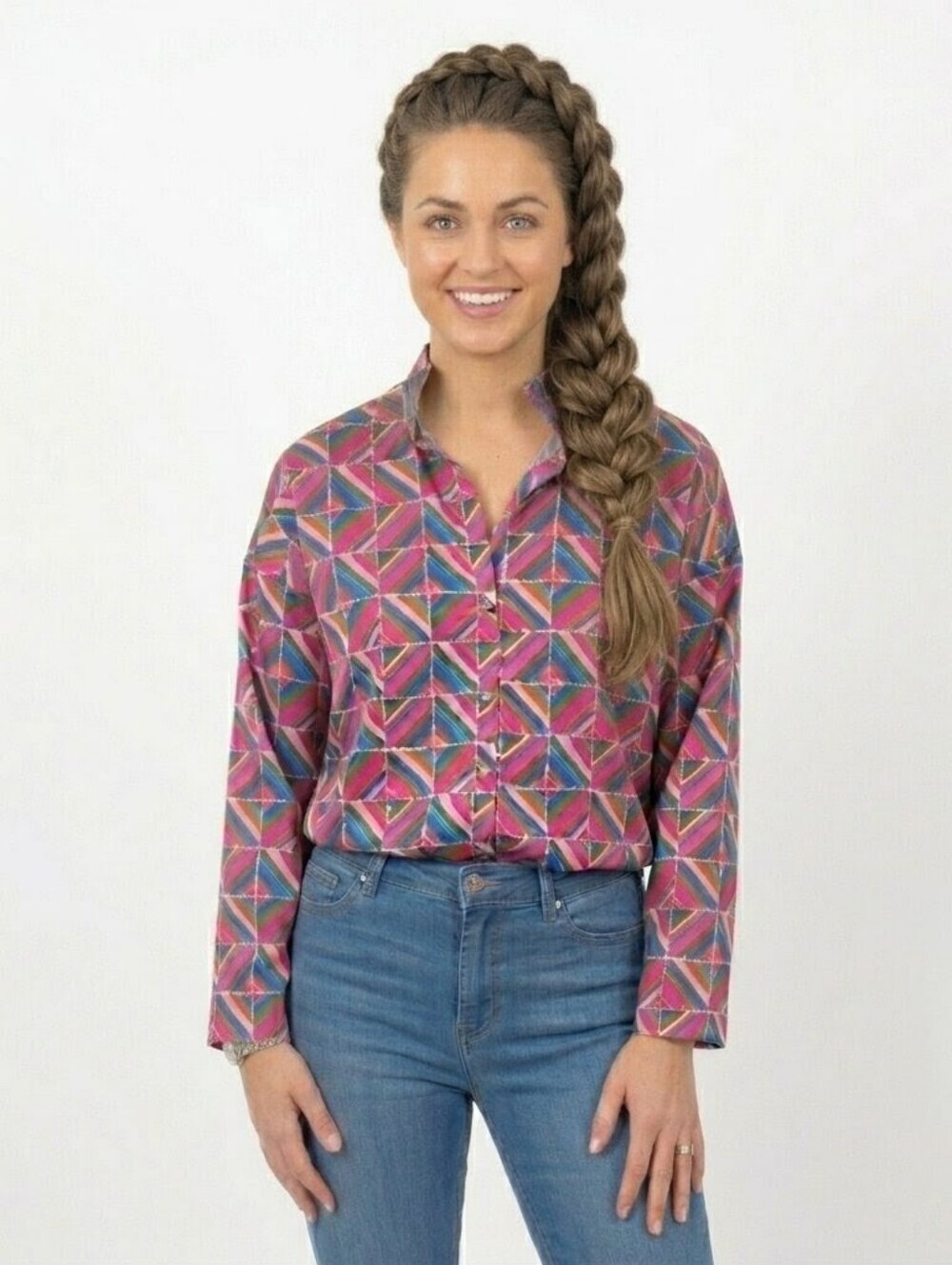 Never A Wallflower Evil Eye Vicki Pink Blue Geometric Long Sleeve Blouse - Small